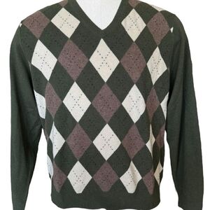 100% Cashmere Men’s Argyle green tan ivory sz L  Sweater